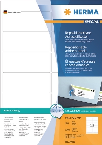 Herma -etiketti irrotettava 99,1 x 42,3 mm, 1200 kpl.