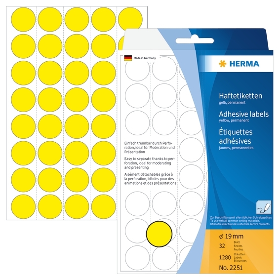 Herma -etiketti Manuel Ø19 keltainen mm, 1280 kpl.