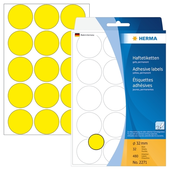 Herma -etiketti Manuel Ø32 keltainen mm, 480 kpl.