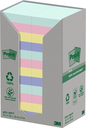 3M Post-IT -kierrätetyt sekoitusvärit 38 x 51 mm, 100 arkkia - 24 pakkaus