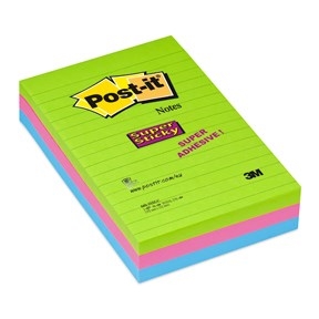 3M Post-it-muistiinpanot Super Sticky 102 x 152 mm, vuorattu perse. Neon - 3 pakkaus