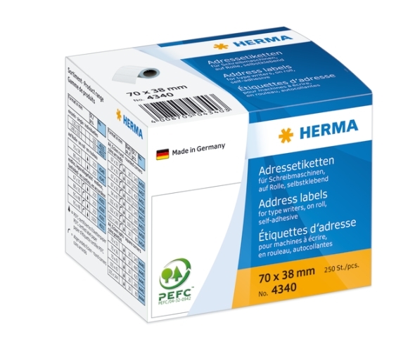 Herma -etiketti rullaosoitteessa 70 x 38 mm, 250 kpl.