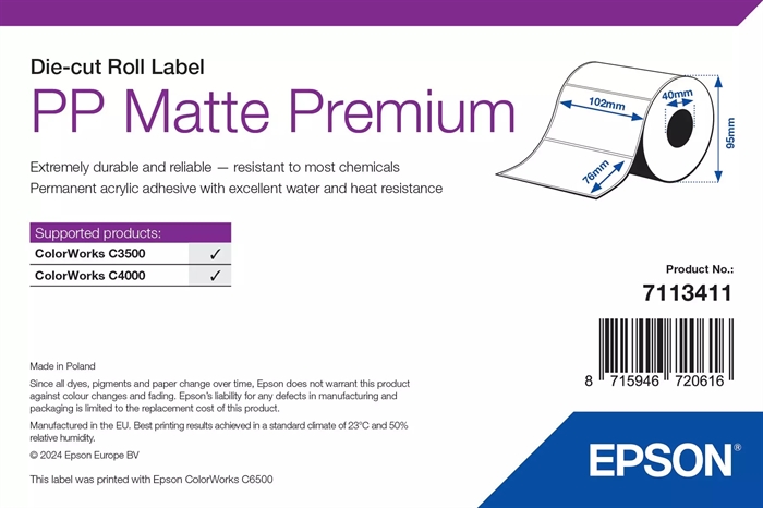 Epson PP Matte Label Premium, Leikatut tarrat, 102 x 76 mm (365 tarraa)