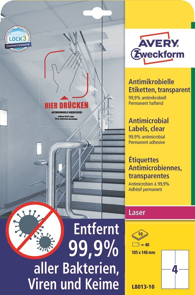 Avery antimikrobiset etiketit 105 x 148 läpinäkyvä mm, 40 kpl.