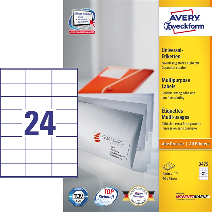 Avery ILC Universal Label 70 x 36 mm, 2400 kpl.