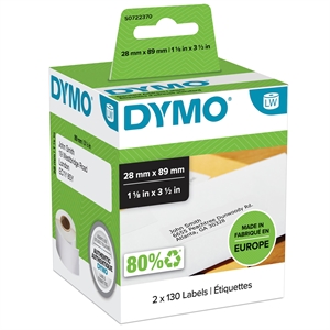 DYMO -etiketti, joka osoittaa 28 x 89 Perm Valkoinen, 130 tarraa molemmilla 2 rullatietokoneella.