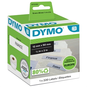 Dymo -etiketti roikkuukansioille 12 x 50 pysyvää valkoista mm, 220 kpl.