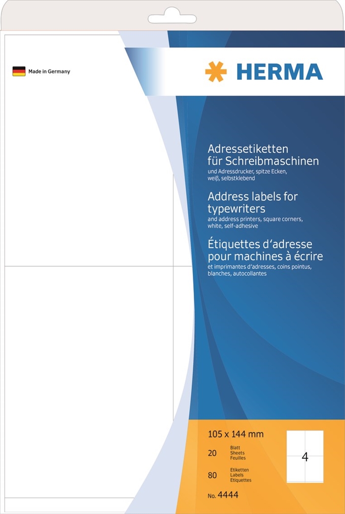 Herma -osoitetarra T/kirjoituskone 105 x 144 mm, 80 kpl.