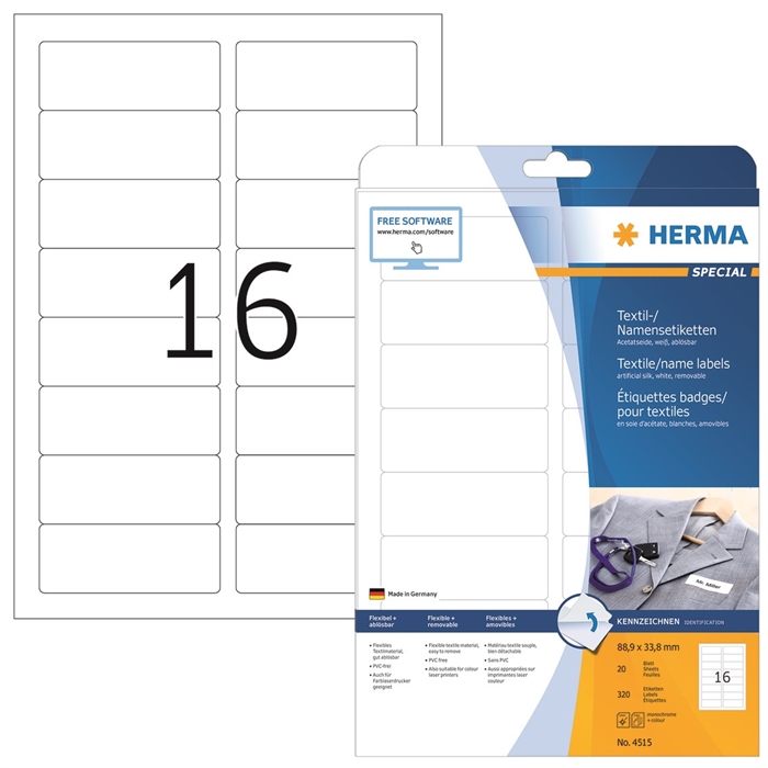 Herma -nimet/tekstiilimerkki Irrotettava 88,9 x 33,8 valkoista mm, 320 kpl.