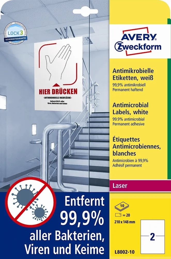 Avery antimikrobiset etiketit 210 x 148 valkoista mm, 20 kpl.