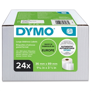 DYMO -etiketti, joka osoittaa 36 x 89 Perm -valkoinen mm, 24 RL 260 merkinnän tietokonetta.