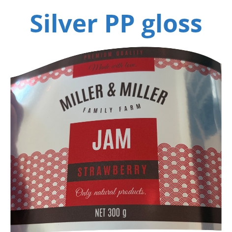 Hopeanvärinen PP kiiltävä etikettitestarulla - 10 cm x 4 metriä